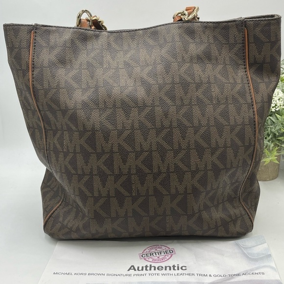 Authenticated Michael Kors Brown Signature Logo Harper NS Double Strap Tote - Picture 16 of 16